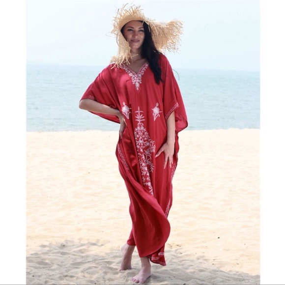 Boho Indie Embroidered Cotton Kimono Kaftan Maxi, Bohemian Embroidered Dress - Picture 1 of 7